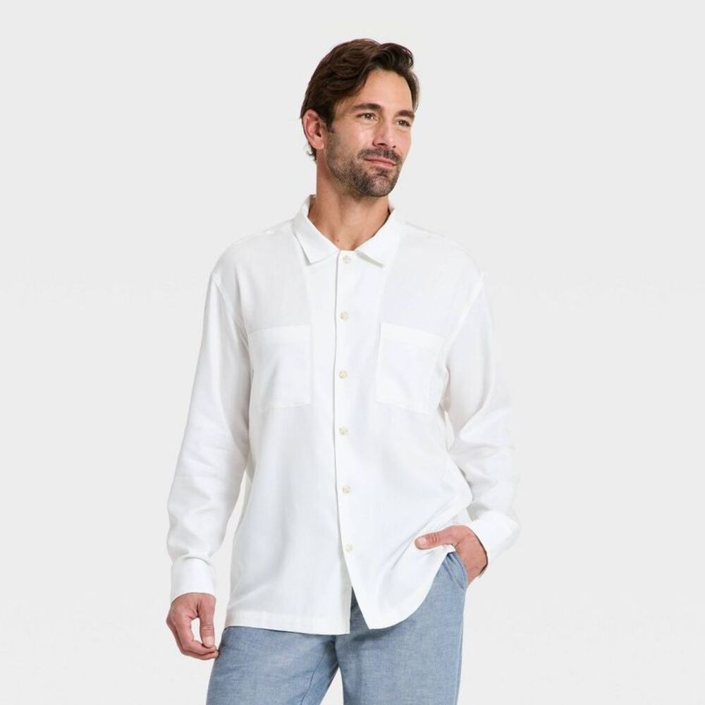 Men's Long Sleeve Layer Jacket Johnny Collar Polo Shirt - White L